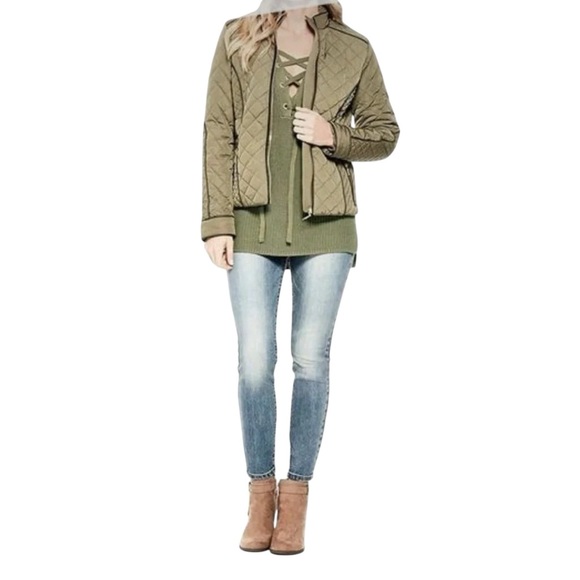 GUESS KHLOE Olive Green ribbed strappy V-neck criss  cross boho high low sweater - Picture 3 of 4